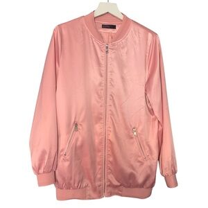 Elia Cher Pink Faux Satin Bomber Jacket with Pockets